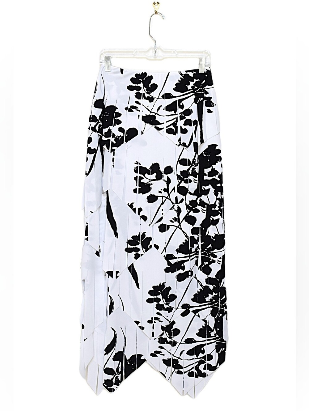 Vintage 90s Asymmetrical Fringe Skirt Floral Black White Size M